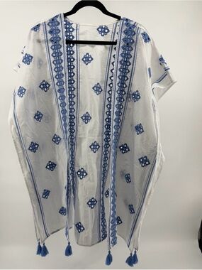 White & Blue Embroidered Tassel Kimono Cover-Up